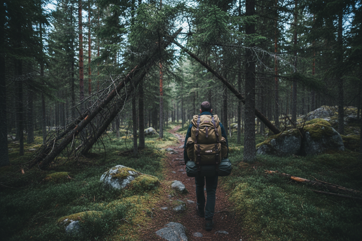 En person som är ute och vandrar i naturen. Det ska kännas som en svensk skog. Persone går bort från kameran, så att ryggsäcken syns tydligt. Det är den som ska vara i fokus. Naturliga och sobra kulörer, gärna lite mörkare skala.